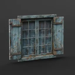 Detailed 3D model of an aged blue wooden window with rusty hardware, perfect for rustic Blender 3D scenes.