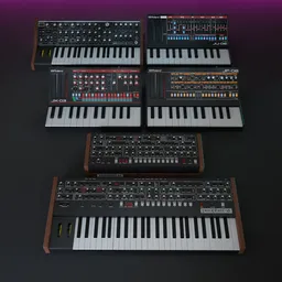 Detailed Blender 3D model featuring a collection of synthesizers for music production.