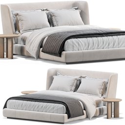 "Bed Reeves by Minotti 3D model for Blender 3D - featuring a wooden headboard and white cover. Award-winning render with precise dimensions of 226cm x 190cm x 90cm. Perfect for architectural visualizations and interior design projects."