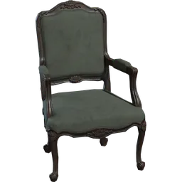 Detailed green vintage armchair 3D model with carved wood details, optimized for Blender rendering.