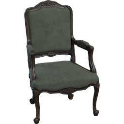 Detailed green vintage armchair 3D model with carved wood details, optimized for Blender rendering.