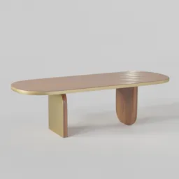 "Get inspired with the stylish and modern Ezra Dining Table 3D model for Blender 3D by Studiopepe for Essential Home. This manly and unique piece features a wooden bench with a curved top, sitting on a wooden table with gold accents, perfect for any living room or dining area. Experience it in 15mm Octane render today!"