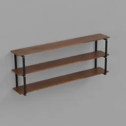 "Industrial style shelf xz, a 3D model in the shelving category for Blender 3D. Made by fgnr, this shelf features three shelves and a black and brown industrial design. Rendered in Redshift and Unreal Engine 5, it's perfect for use in large living rooms, offices, thrift stores, and social halls."