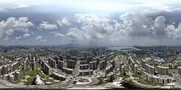 Urban skyline panorama with dynamic clouds for realistic lighting in 3D scenes.