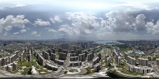 Urban skyline panorama with dynamic clouds for realistic lighting in 3D scenes.
