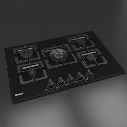 Highly detailed Blender 3D model of a modern gas stove with burners and control knobs.