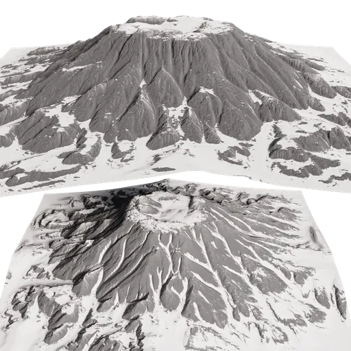 Detailed 3D snowy volcano model with textured surface, ideal for rendering in Blender.