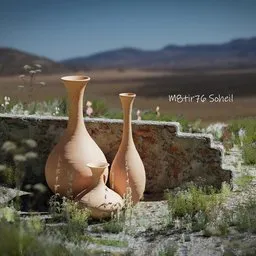 Realistic 3D-rendered desert scene with detailed clay pots and grass for Blender design.