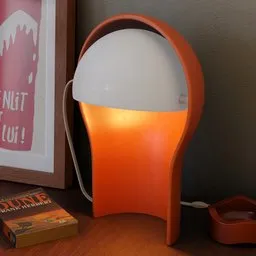 "Telegono Table Lamp by Vico Magistrettii in Blender 3D. Inspired by Luma Rouge, Asterix, and Dune, this table lamp features a sleek design and sits on a table next to a book. Perfect for 3D modeling projects in the table lamps category."