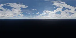 Dynamic range sky lighting with cumulus clouds over calm ocean for realistic scene rendering.