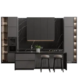 Detailed Blender 3D model of a modern kitchen with elegant cabinetry, countertops, and bar stools.