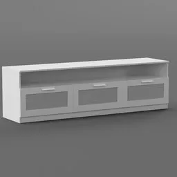 3D model of a modern, low-profile white cabinet with drawers for Blender rendering.