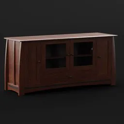 "TV Cabinet - A high-quality entertainment center made of wood with glass doors, rendered in Blender 3D. This 3D model features crisp and smooth lines, a black background, and medium-sized islands. Perfect for your Blender 3D projects or any virtual environment."