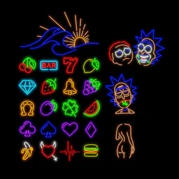 "20 Casino Style Neon Light Symbols for Blender 3D - Perfect for Rick and Morty-Inspired Designs. Create stunning glowing tattoos, minimalist logos, and unique wall lights with this icon pack. Best effects with EEvEE and blome."