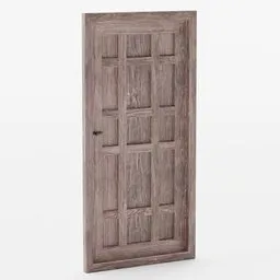 "Low-poly, photorealistic wooden door game asset for Blender 3D. Featuring a handle, side view centered with a lived-in look, perfect for medieval scenes and Narnia-inspired artwork."