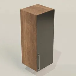 Realistic wooden-texture Blender 3D fridge model with sleek metal handle for modern kitchen visualization.