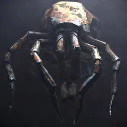 "Sheet metal sculpture of a spider standing on a black surface, scanned with an ATOS scanner and rendered in Blender 3D. Futuristic and sci-fi inspired with shades of rust and chrome drones, reminiscent of popular games like Apex Legends and Vermintide 2."