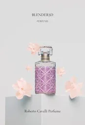 Detailed 3D model of a perfume bottle with pink accents, enhanced using Blender's exposure and gamma settings.