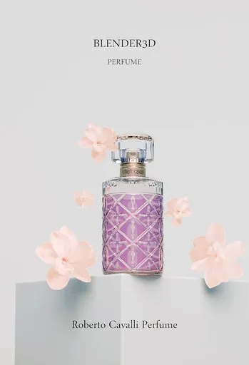 Detailed 3D model of a perfume bottle with pink accents, enhanced using Blender's exposure and gamma settings.