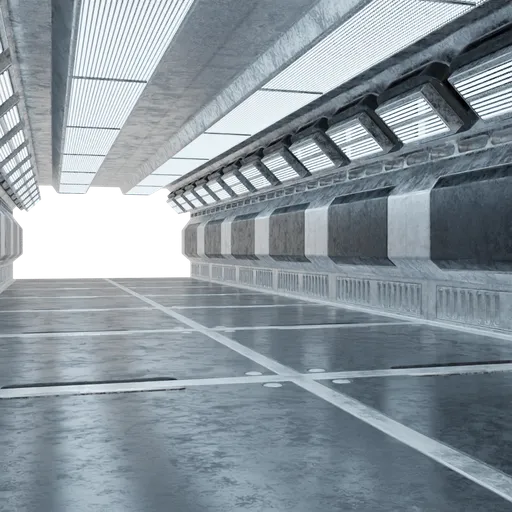 Detailed futuristic corridor model with metallic textures for Blender 3D artist use.