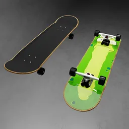 Realistic Blender 3D model of a skateboard with detailed texture and components, perfect for extreme sports simulations.