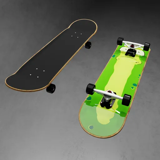 Realistic Blender 3D model of a skateboard with detailed texture and components, perfect for extreme sports simulations.