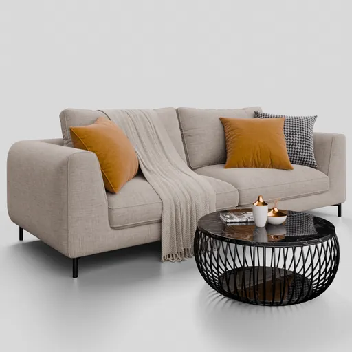 Detailed 3D rendered fabric sofa with cushions, throw blanket, and a modern coffee table with decorations.