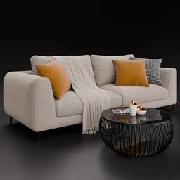 Detailed 3D rendered fabric sofa with cushions, throw blanket, and a modern coffee table with decorations.