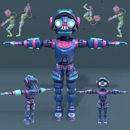 Detailed 3D humanoid robot model with old design, rigged for animation in Blender, showcased in various poses.