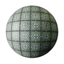 Seamless PBR tile texture with green oriental patterns for Blender 3D material library.