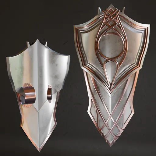 Detailed low poly 3D model of a metallic battle shield with high-quality textures, ready for war game design.