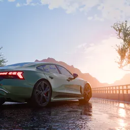Modern Sports Car on Wet Road at Sunset