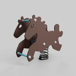 "3D model of a brown horse on a spring for children's playground made in 2019 by Kompan, using Blender 3D software. The modular item is adorned with screws, bolts, and USB ports and features accent lighting inspired by the Peugeot Onyx. Perfect for exercise and playtime, this playful creation is sure to delight children of all ages."