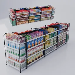 Detailed 3D supermarket shelves with a variety of breakfast items compatible with Blender modeling software.