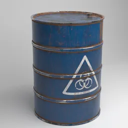 "Industrial container 3D model for Blender 3D featuring a rusted blue oil barrel with a biohazard sign, perfect for military and toxic waste storage scenes. Created with the Octane renderer and includes technical documents. Model also includes realistic oil spills and tribarrel design."