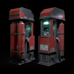 "Game ready sci-fi gas pump in Blender 3D, featuring Quixel textures and Star Citizen concept art. The model includes two red gas pumps and a man standing at the pump, inspired by Mac Conner's designs. Perfect for use in sci-fi game environments and high-quality renders."