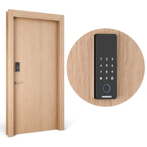 Modern 3D wooden door model with metal handle and advanced electronic keypad for secure access, created in Blender.