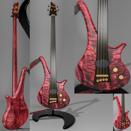 "Marleaux Diva 4 Royal Purple" is a stunning premium electric bass modeled in Blender 3D. This highly-detailed model features a fuchsia skin and a black neck, inspired by Chris Rahn and David Ramsay Hay. It comes in "Longscale" size with a passive pickup and is accompanied by a Bulldog guitar stand and strap.
