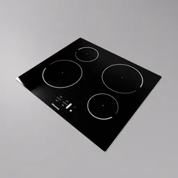 Realistic Blender 3D rendering of a sleek induction cooktop with four heating zones.