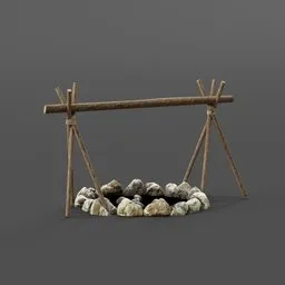 "Campfire 3D model for Blender 3D. Stone and wooden structure with sticks, perfect for a cozy fireplace or barbecue scene. Get your marshmallows ready with this realistic campfire design."
