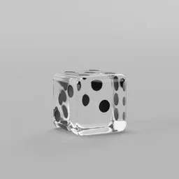 Realistic transparent dice 3D model with intricate light refractions, suitable for Blender rendering.