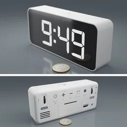 "LED digital clock with USB charging port, designed in an industrial minimalist style. Ideal as an alarm clock for the tired, it features easy to use switches and a face shown clearly on a white box. Perfect for your Blender 3D design projects."