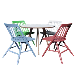 "Scandinavian-style kids' table and chairs set rendered with raytracing and RGB displacement on a black background. Perfect for summer-themed 3D scenes in Blender 3D."