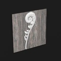 "Voluminous silver fern on a wooden panel 3D model for Blender 3D, ideal for interior designs. Made with BlenderKit, this painting category model combines the elegance of wood and the intricate details of a fern leaf, enhancing your 3D projects with stunning realism."