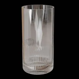 Realistic 3D model of a clear, decorative glass with intricate details, perfect for Blender renderings in kitchen scenes.