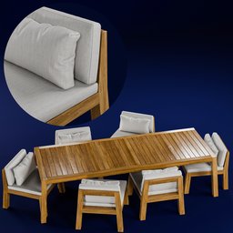 3D rendered wooden table and chairs set with cushions, high-resolution, ready for closeup views, created in Blender.