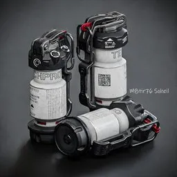 "Game-ready Flash-Bang Grenade 3D model for Blender 3D with realistic textures in a military-sci-fi category. Inspired by Hristofor Zhefarovich, the model features Quixel and hydro74 style, MP7, and sci-fi elements. Perfect for gaming concepts or visual designs."