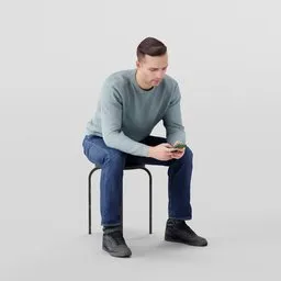 Realistic male 3D model using phone, wearing casual attire, suitable for Blender urban scenes.