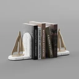 "Boat Books: A captivating set of two books resting on a bookend, reminiscent of NEVERCREW art, featuring elegant Carrara marble and wooden sailboat designs. This monochrome 3D model, inspired by Þórarinn B. Þorláksson, exhibits muted colors and a touch of otherworldliness. Ideal for Blender 3D enthusiasts seeking to enhance their scenes with a touch of literary charm."