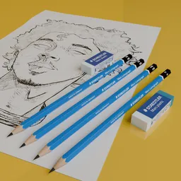 Realistic STAEDTLER Lumograph pencils in Blender 3D, with detailed erasers on a sketch-filled paper.